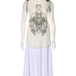 Haute Hippie Cream Graphic Sleeveless Tank with Black Beaded Fringe Shoulders